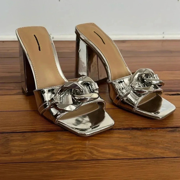 Metallic Silver Express Block Heels with Chain Detail - Size 7 - Picture 2 of 10